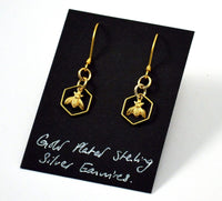 Honeycomb Bee Earrings, Gold Plated Silver Earwires