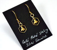 Honeycomb Bee Earrings, Gold Plated Silver Earwires
